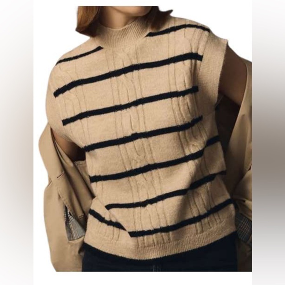 NWOT Maeve by Anthropologie Tan and Black Striped Mock Neck Sweater Vest